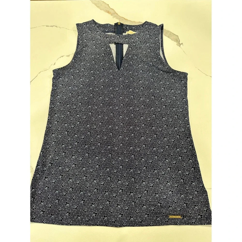 MICHAEL KORS‎ Women Navy Blue Floral Keyhole Sleeveless Top Size S